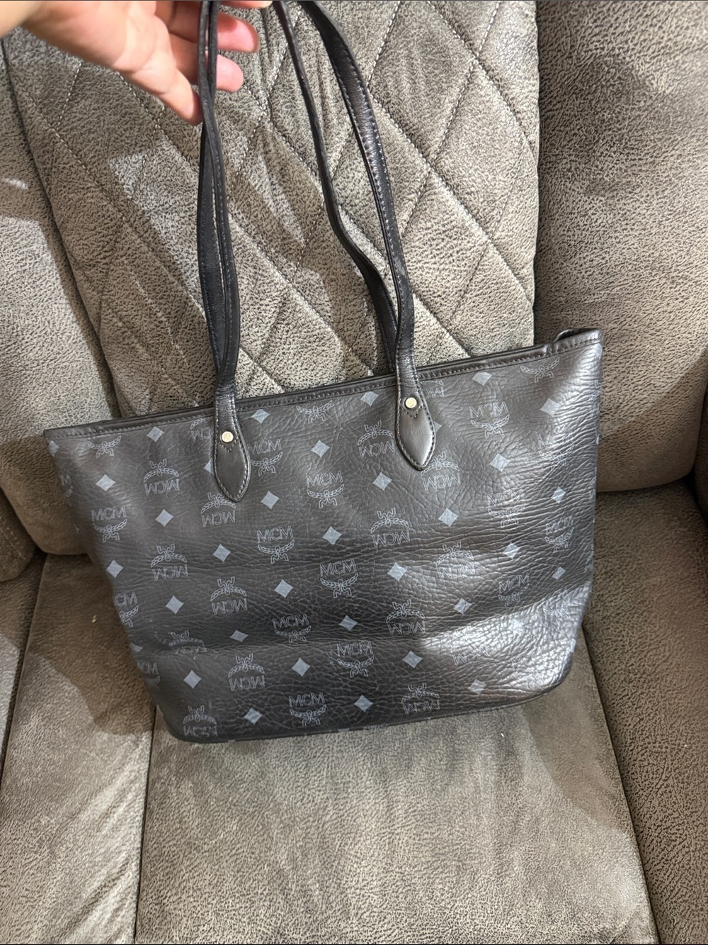 MCM Black Canvas Tote with Pink and Mint Center Stripes - Picture 3 of 6